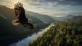 Majestic Eagle Soaring Over Sunlit River Valley. Generative ai