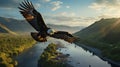 Majestic Eagle Soaring Over Sunlit River Valley. Generative ai