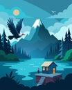 A majestic eagle soaring over the tranquil lake providing inspiration for the freelancer working inside the cabin Royalty Free Stock Photo