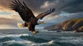 Bald Eagle Majestic Flight Over Coastal Waters with Dramatic Sky Background Royalty Free Stock Photo