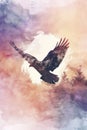 Majestic Eagle Soaring Over Watercolor Forest Landscape