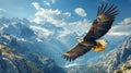 A majestic eagle is soaring through the sky above a mountain range