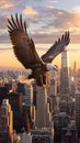 Majestic eagle soars above cityscape at sunset, merging nature with urbanity. Royalty Free Stock Photo