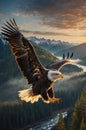 American Bald Eagle Gliding Over Mountainous Landscape at Sunset Royalty Free Stock Photo