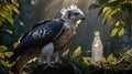 Majestic Haribon Eagle in Forest with a Glass Bottle Under Sunbeam Royalty Free Stock Photo
