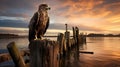 Majestic Eagle On Wooden Fence At Sunset - Dutch Marine Scenes Inspired