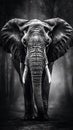Majestic Elephant on Dark Background in Black and White.