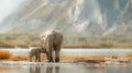 A majestic elephant mother and her adorable baby roam peacefully amidst a breathtaking natural landscape, with towering mountains