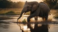 A Playful Baby Elephant Wades Through the Water at Sunset in African Savanna Royalty Free Stock Photo