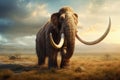 A majestic elephant standing on a dry grass field under a clear blue sky, Prehistoric mammoth, an ancient giant creature, AI Royalty Free Stock Photo