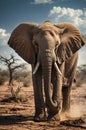 Majestic African Elephant Walking Through The Savannah Under a Beautiful Blue Sky Royalty Free Stock Photo