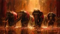 Majestic Elephants Marching Under Golden Rain