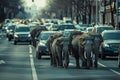 Majestic Elephants Walking Down the Urban Street at Dusk with Cars Lined Up Behind A Surreal Cityscape Encounter in Twilight