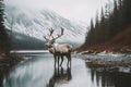 Majestic Elk with Large Antlers in Serene Lake and Forest Setting - AI Generative Royalty Free Stock Photo