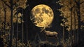 Majestic Stag Under Golden Full Moon Forest Night Sky Royalty Free Stock Photo