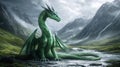 Majestic emerald dragon resting by a mountain stream Royalty Free Stock Photo