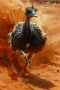 Majestic Emu Striding through a Dynamic Orange Landscape with Vivid Artistic Backdrop