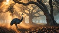 Emu Walking Gracefully Through a Misty Forest at Sunrise With Beautiful Light Rays Royalty Free Stock Photo
