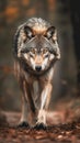 Majestic Encounter: A Sideways Glance at the Primeval Duality of a Golden-Eyed Wolf Walking in the Woods Royalty Free Stock Photo