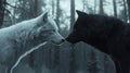 Majestic Encounter of a White Wolf and a Black Wolf in a Mystical Forest Setting, Capturing Nature\'s Intriguing Contrast and Royalty Free Stock Photo