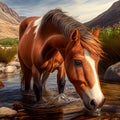 Majestic Equine Oasis by a Mountain Stream, Hyperrealistic and Picturesque, Made with Generative AI