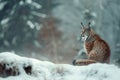 Eurasian Lynx Sitting in Snowy Forest. Generative AI