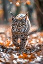 Majestic Eurasian Lynx Walking Forward in Autumn Forest with Fallen Leaves and Warm Sunlight