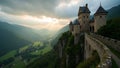 Majestic European castle on cliff at sunrise with lush valley below