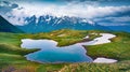 Majestic evening view of Koruldi  lake in the Caucasus Mountains. Gloomy summer scene of popular touristic destination in Upper Sv Royalty Free Stock Photo