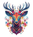 Majestic fairy tale colorful deer head with decorative flowers, vector illustration, print design Royalty Free Stock Photo