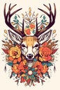 Majestic fairy tale colorful deer head with decorative flowers, vector illustration, print design Royalty Free Stock Photo