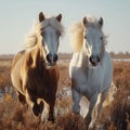 Majestic farm scene White and brown horses gallop freely