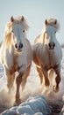 Majestic farm scene White and brown horses gallop freely