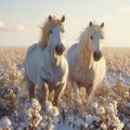 Majestic farm scene White and brown horses gallop freely