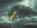 A majestic and fearsome mythical creature emerging from the stormy ocean, surrounded by crashing waves and intense lightning