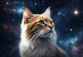 A majestic feline floating through the vastness of deep space, surrounded by shimmering stars and galaxies