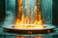 Majestic Fiery Blaze in a Circular Pit with Waterfall Background Artistic Concept of Fire and Water Elements in Harmony