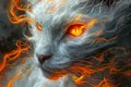 Majestic Fiery Eyed White Cat with Ethereal Flames Illustration, Fantasy Feline with Glowing Eyes Digital Artwork, Mystical Fire