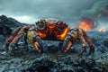 Majestic Fiery Lava Crab Emerging from Volcanic Landscape with Erupting Mountains in the Background