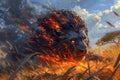 Majestic Fiery Lion Illustration in a Surreal Sunset Landscape Fantasy Art Concept for Posters and Backgrounds Royalty Free Stock Photo