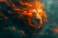 Majestic Fiery Lion Mane Enveloped in Flames, Symbol of Power and Courage in Vivid Orange and Red Hues