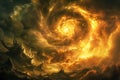 Majestic Fiery Maelstrom in a Dramatic Sky over Dark Rocky Landscape Abstract Apocalyptic Artwork