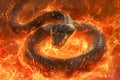 Majestic Fiery Snake in a Blaze of Flames, Digital Art Illustration of Fantasy Serpent, Fire Themed Background for Creative Design