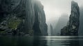 Majestic Fjord: Stone Cliffs, Waterfalls, And Eerie Mist