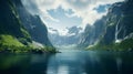 Majestic fjord surrounded by towering cliffs. Ai Generated.NO.04