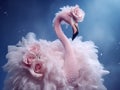 A majestic flamingo adorned with roses and feathers, a fantastical charm.