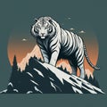 a majestic flat logo of a white tiger standing on a snowy mountain peak, symbolizing strength and resilience. ai generative Royalty Free Stock Photo