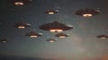 Majestic Fleet of UFOs Hovering in Starry Night Sky Royalty Free Stock Photo