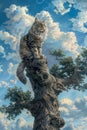 Majestic Fluffy Cat Perched High on Twisted Tree Trunk Against Beautiful Sky with Clouds Royalty Free Stock Photo