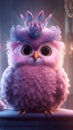The Majestic Fluffy Owl Wearing a Pink Feathery Crown with Big Blue Eyes in Unreal Engine Style .